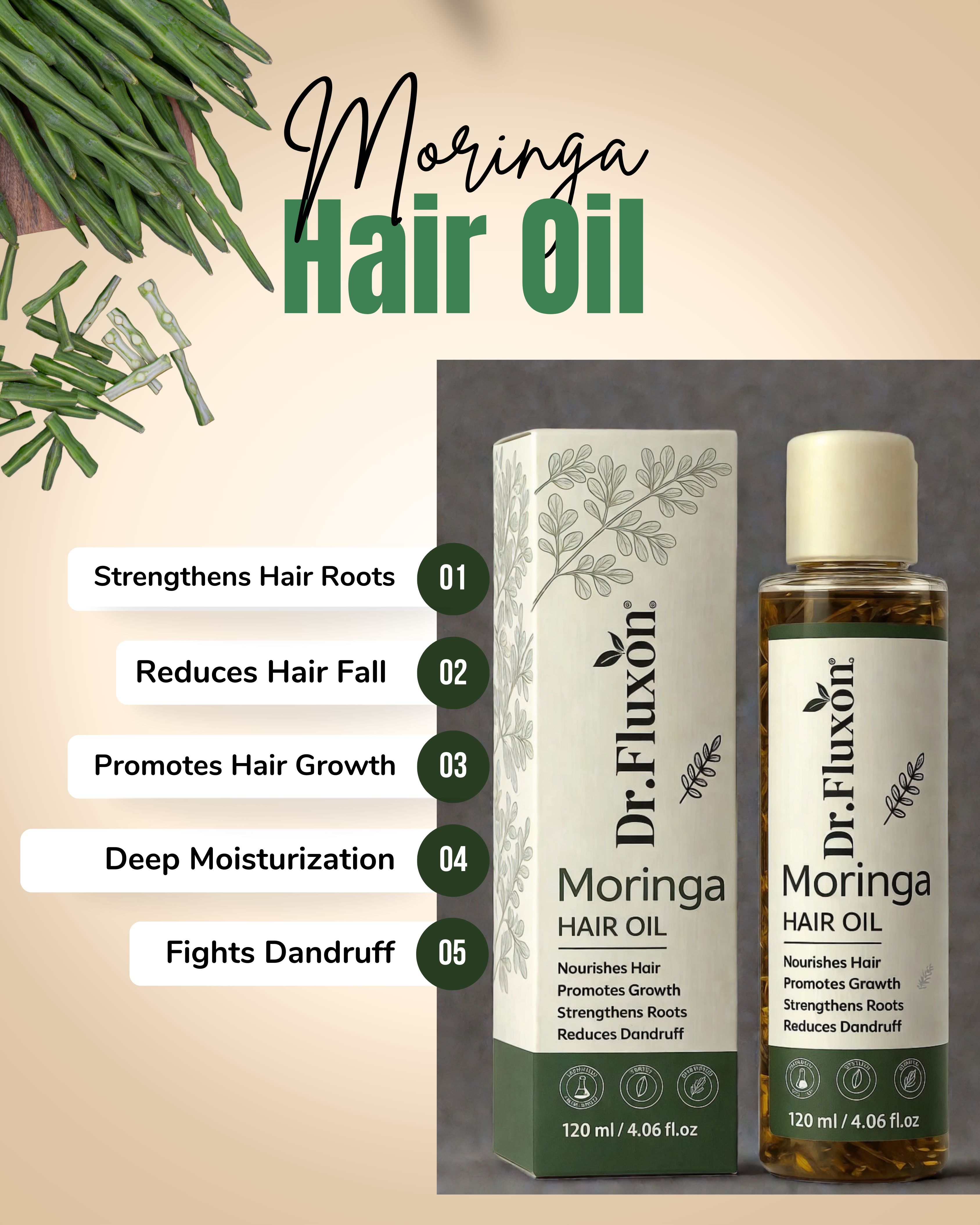 "Dr. Fluxon® Moringa Hair Care Combo – Shampoo & Hair Oil with Free Wooden Comb"