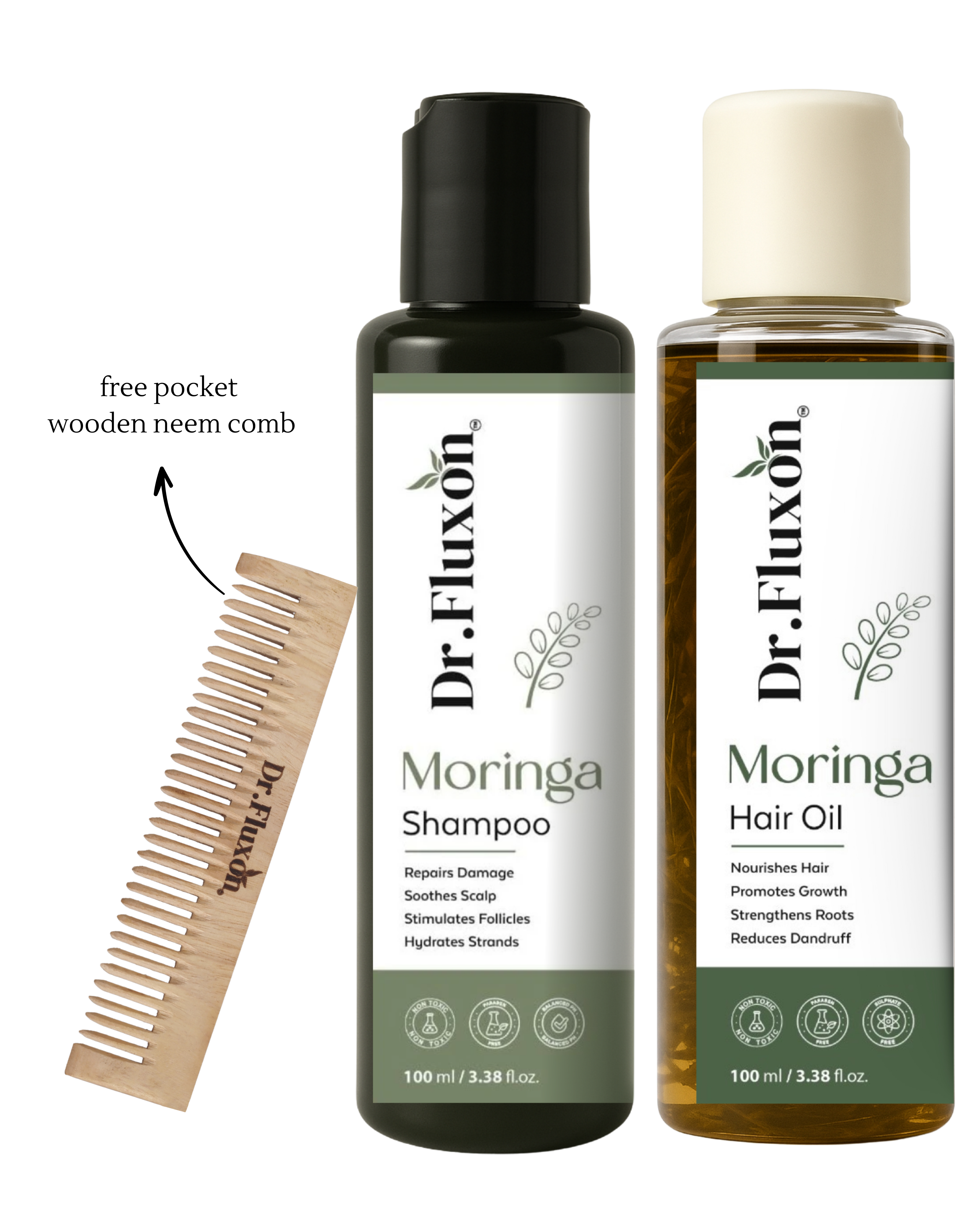 "Dr. Fluxon® Moringa Hair Care Combo – Shampoo & Hair Oil with Free Wooden Comb"