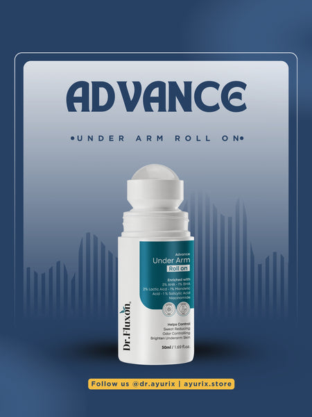 Dr. Fluxon Advance Under Arm Roll-on 50ml bottle showing 3% AHA and 1% BHA ingredients